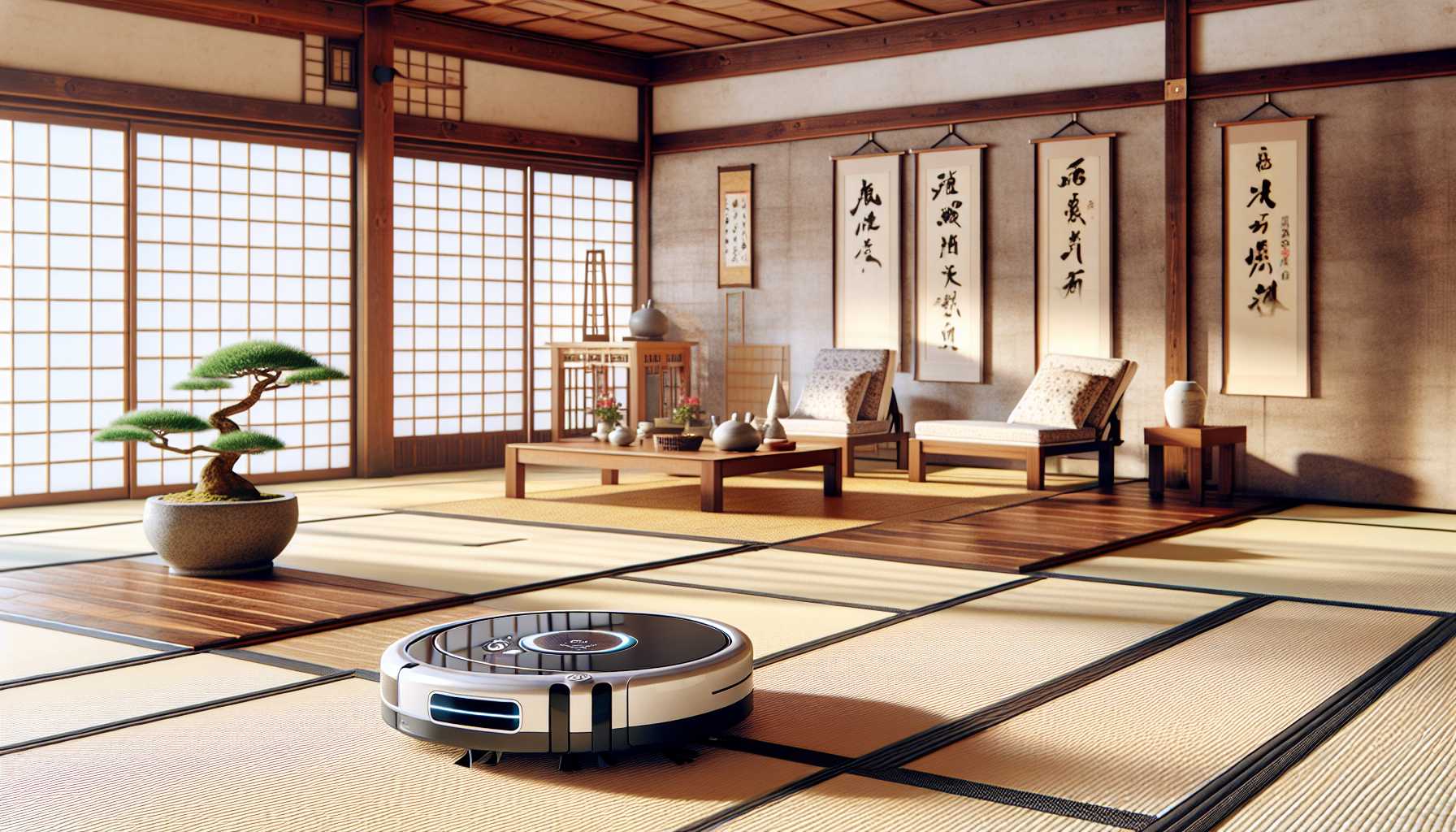 A robot vacuum cleaning a Japanese living room