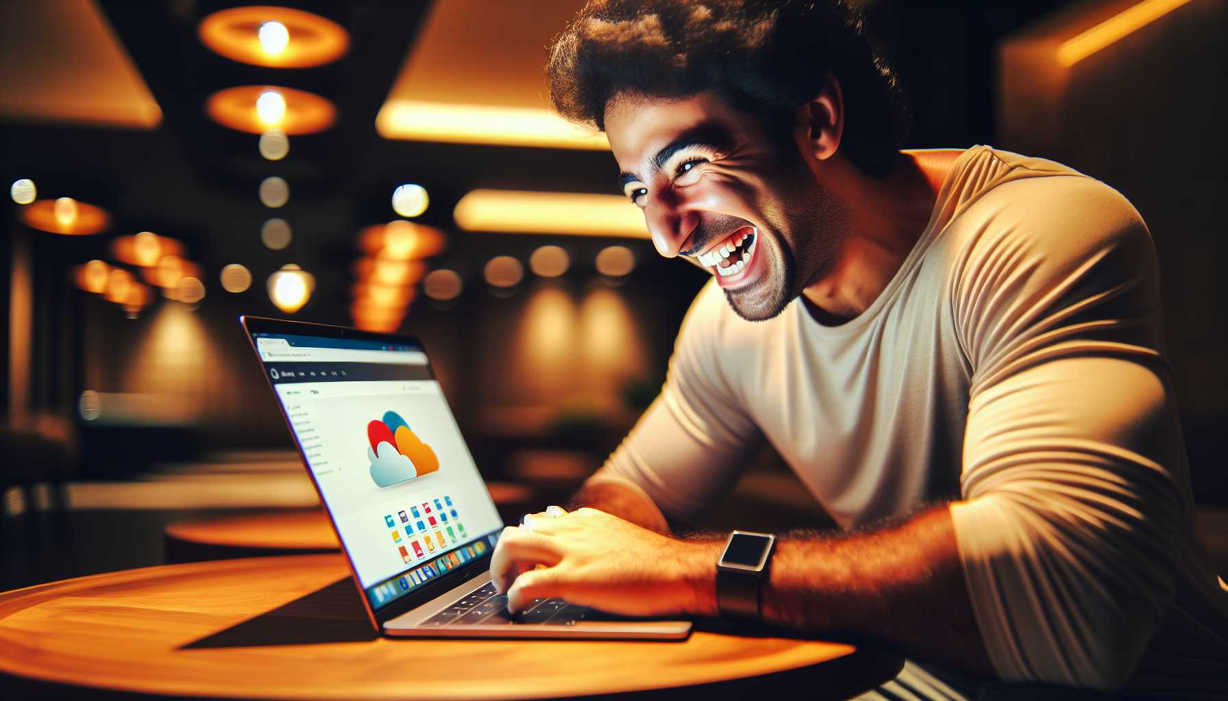 A person using a laptop with a cloud storage service open on the screen, with a happy expression on their face.