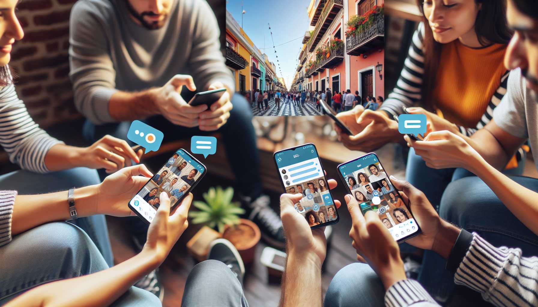 A group of people in Argentina using WhatsApp on their phones to communicate with each other while working remotely.