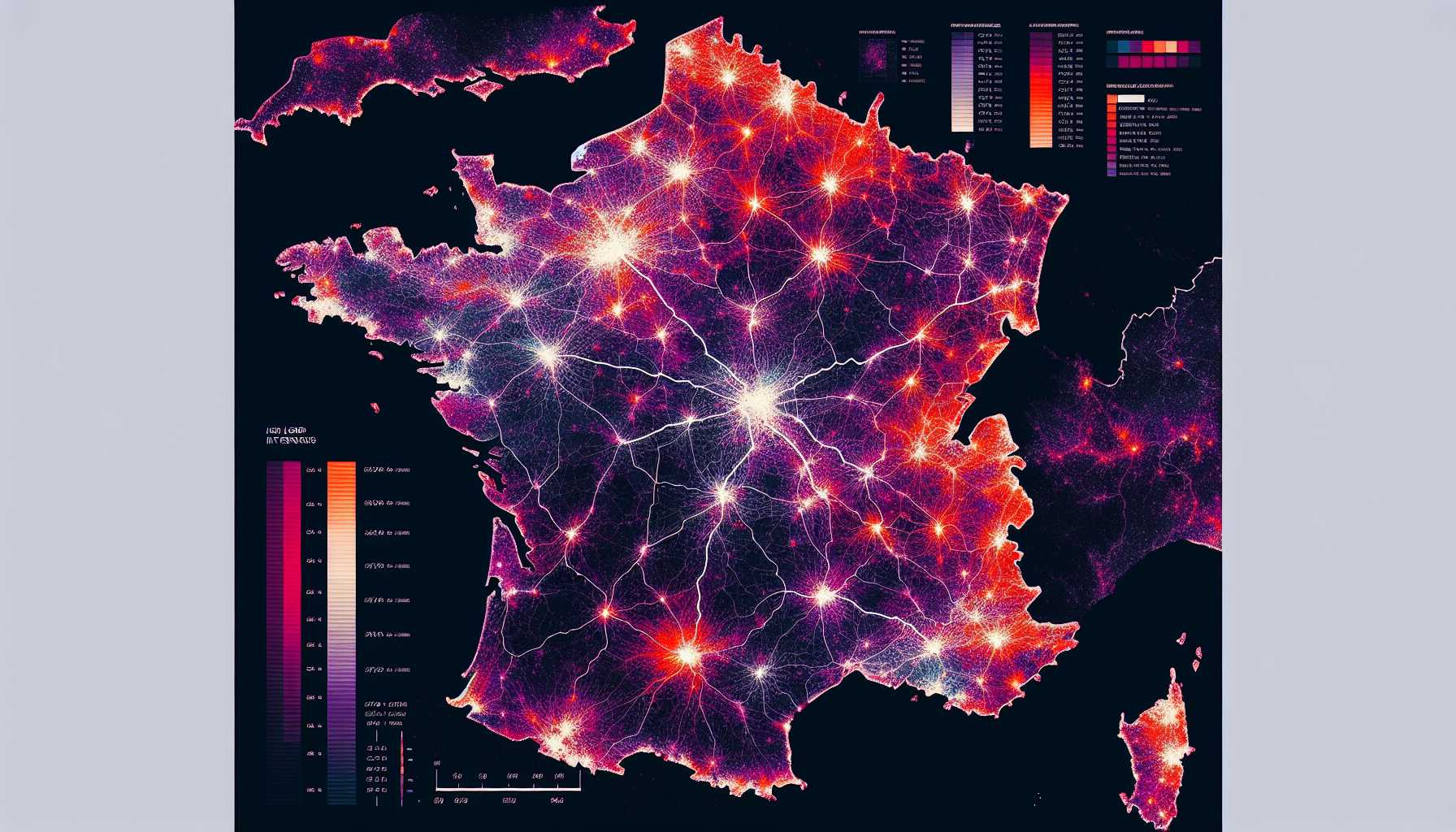 A map of France highlighting urban areas with fast internet speeds