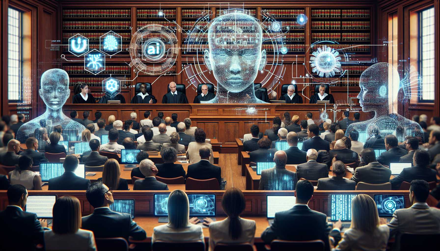 a compelling courtroom scene with AI iconography