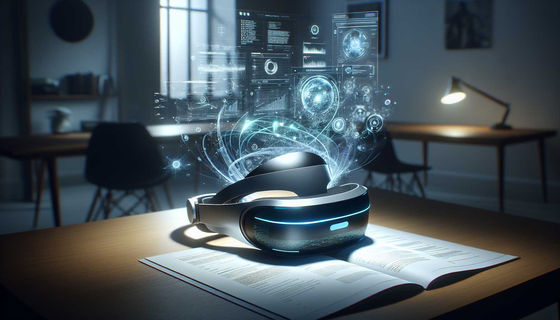 a futuristic mixed-reality headset with digital elements blending with reality