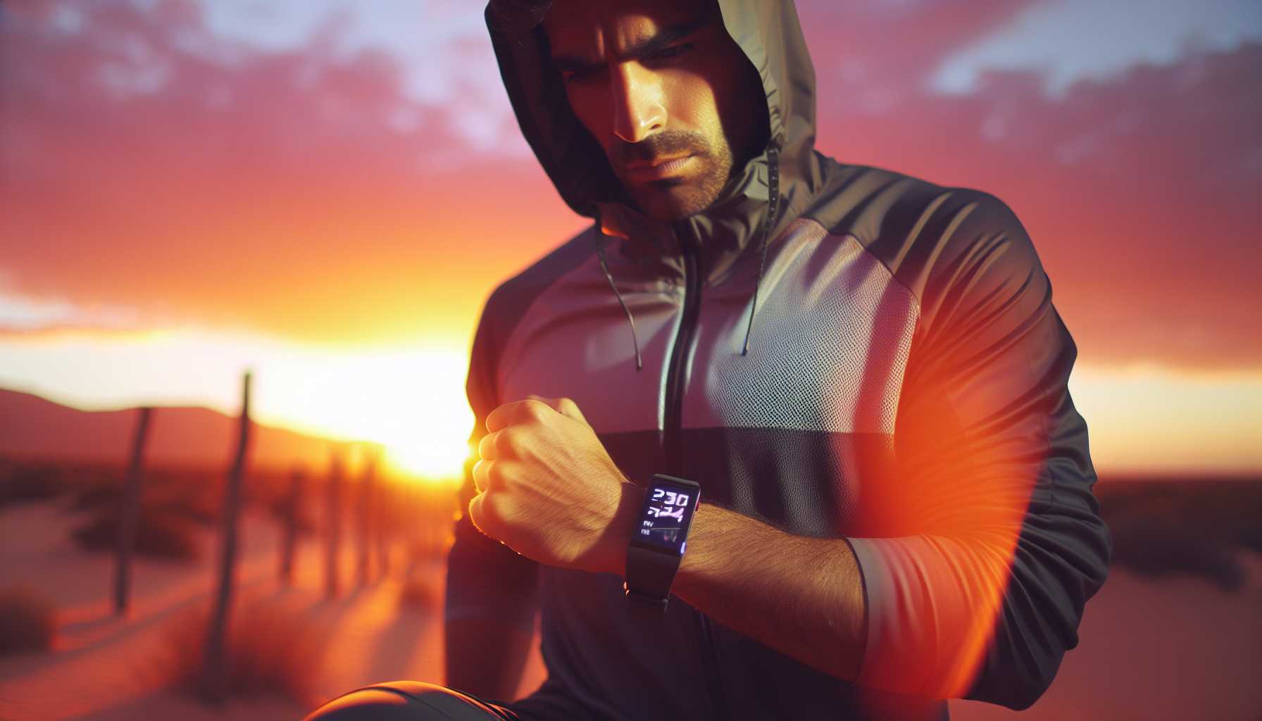 A person in Western Sahara using a fitness tracker while exercising outdoors.