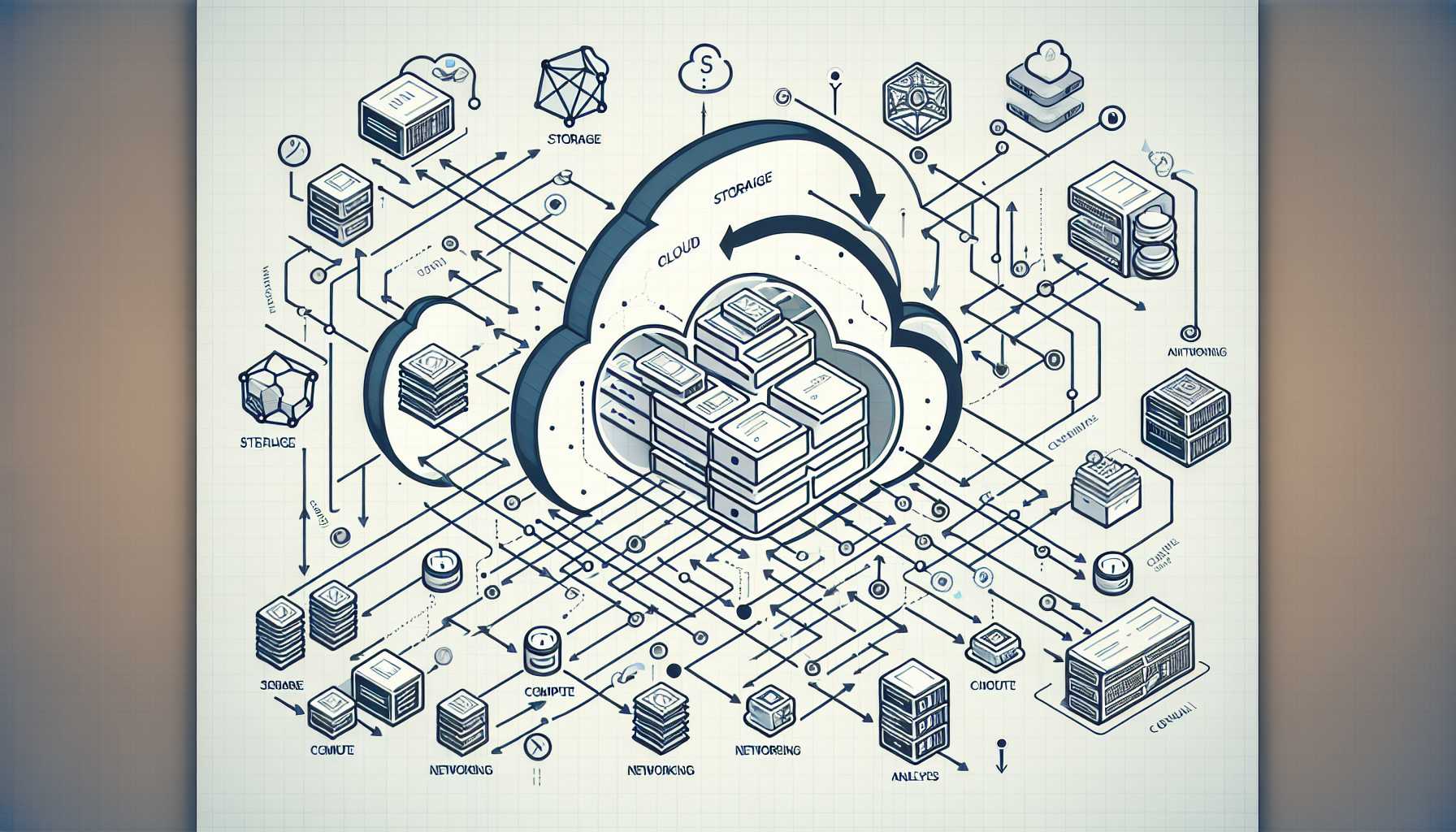 A cloud computing diagram with arrows pointing to different services like storage, compute, networking, and analytics.