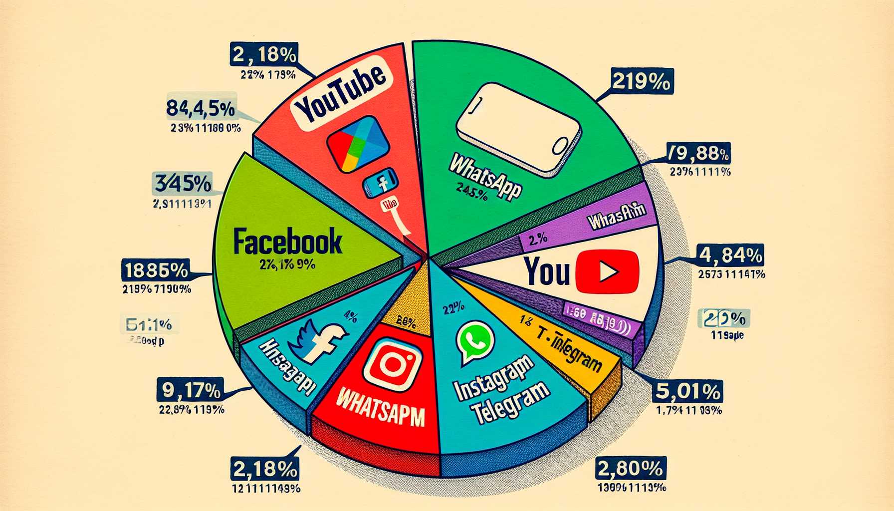 A pie chart depicting the market share of different social media platforms in India, with YouTube having the largest share followed by WhatsApp, Facebook, Instagram, and Telegram.