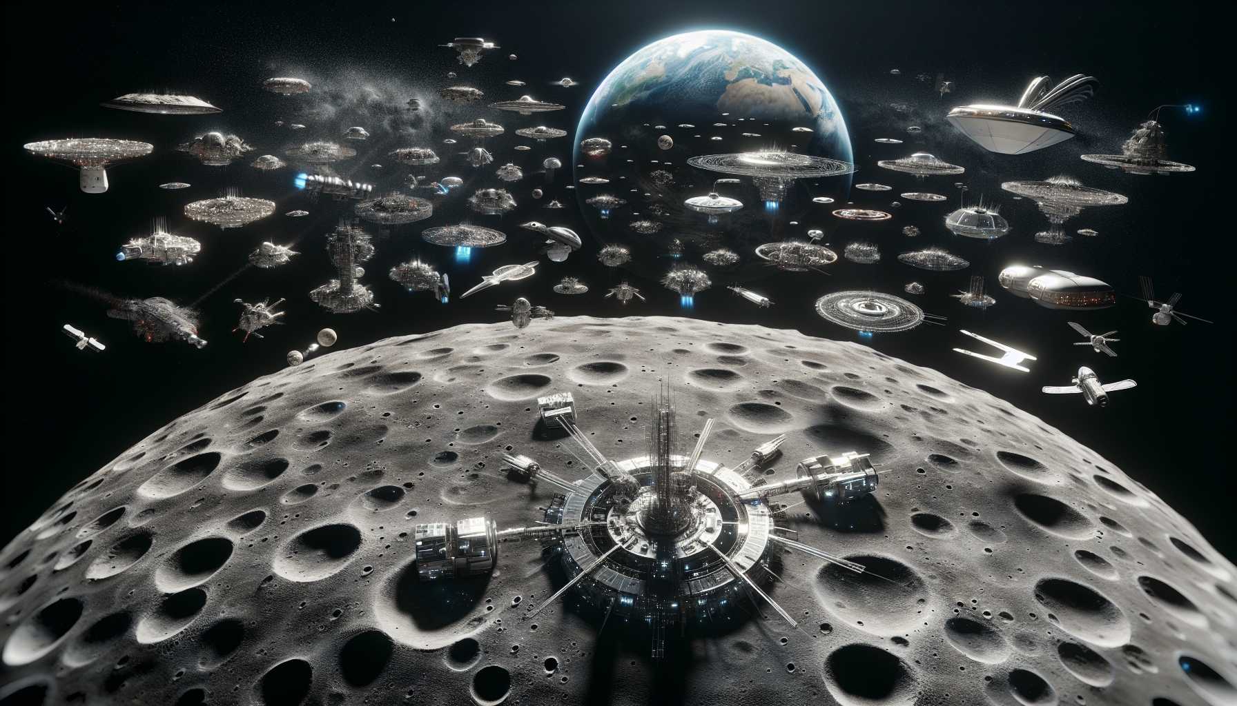 Concept art of lunar infrastructure with multiple spacecraft