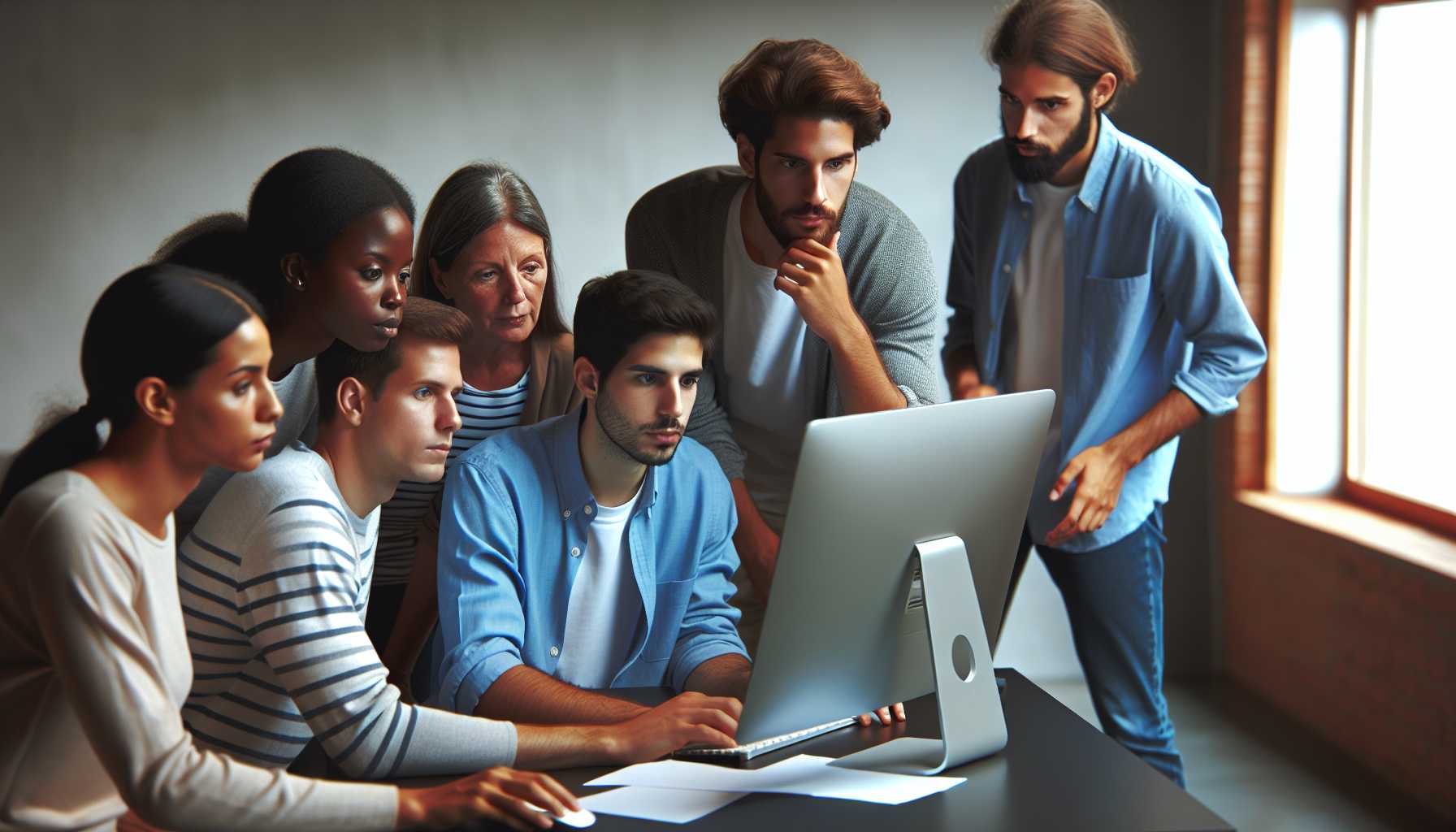 a group of people working together on a computer