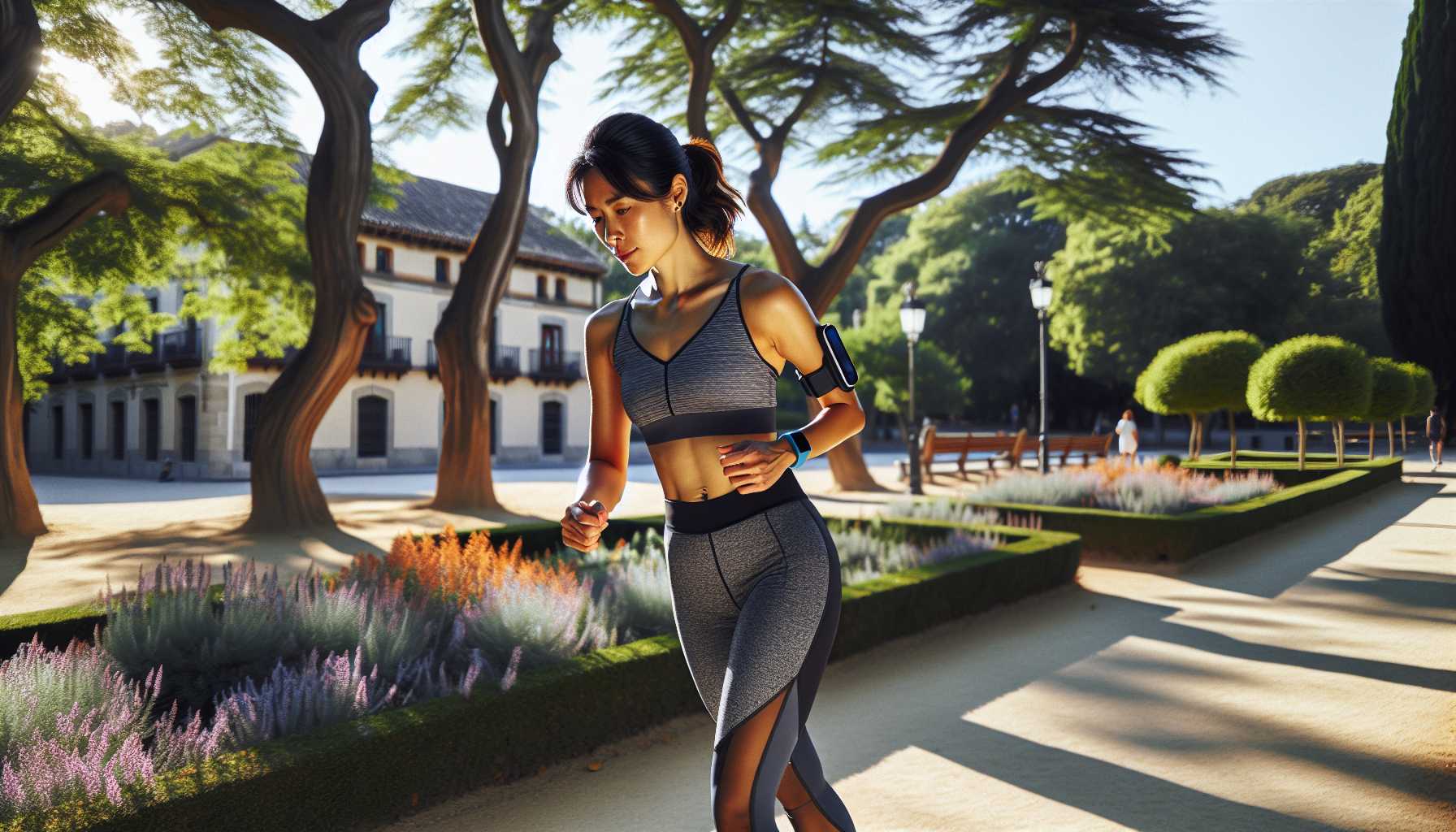 A person in Spain using a fitness tracker while exercising outdoors.
