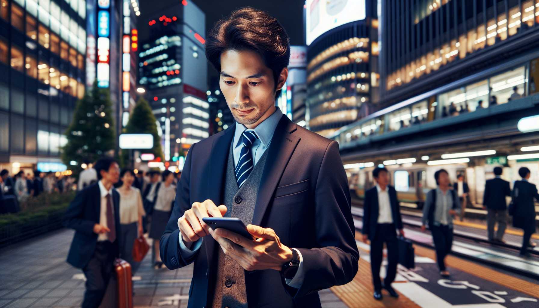 Person in Japan using a mobile app for commuting information