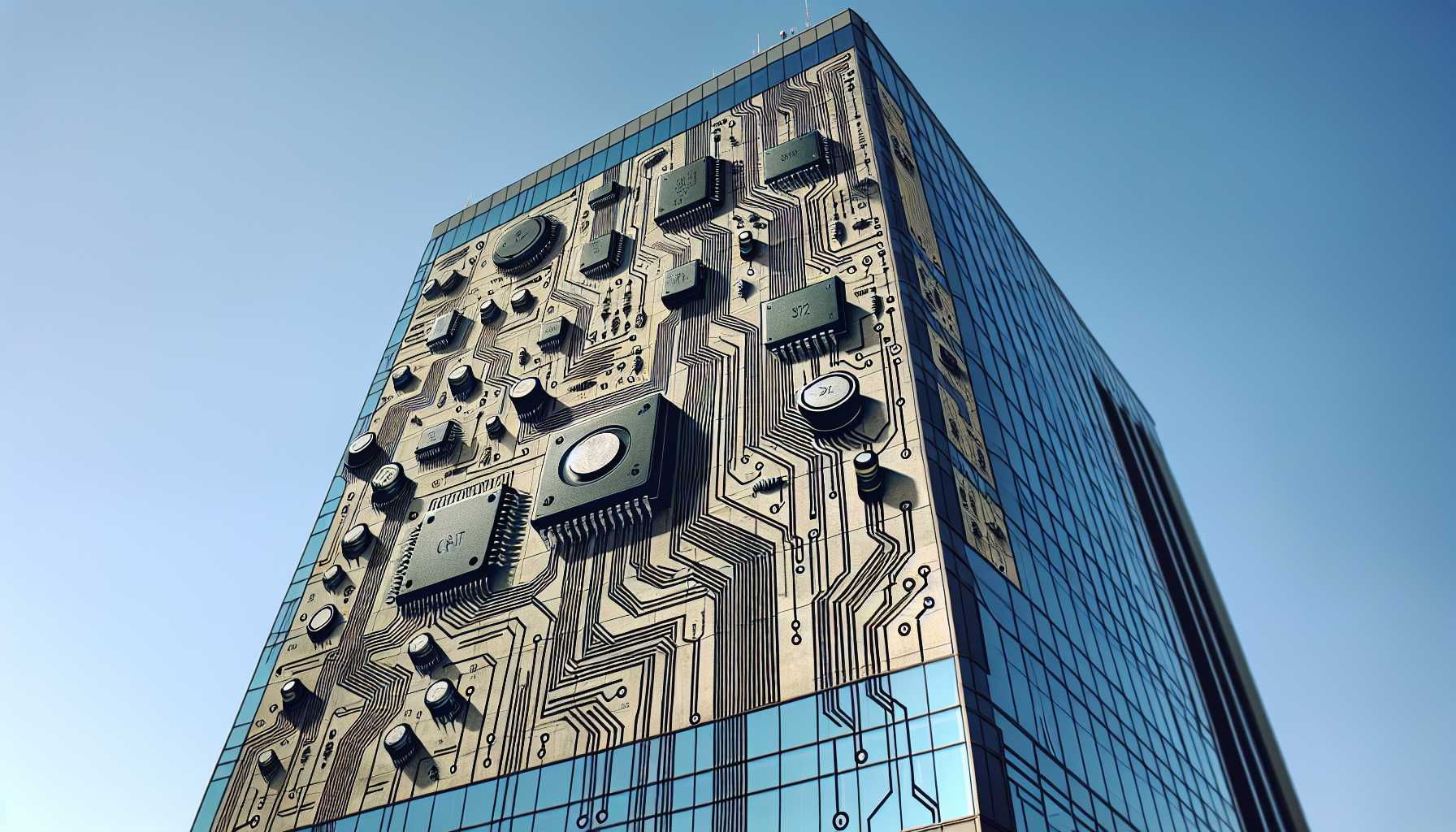 Amphenol corporate building with electronics components overlaid