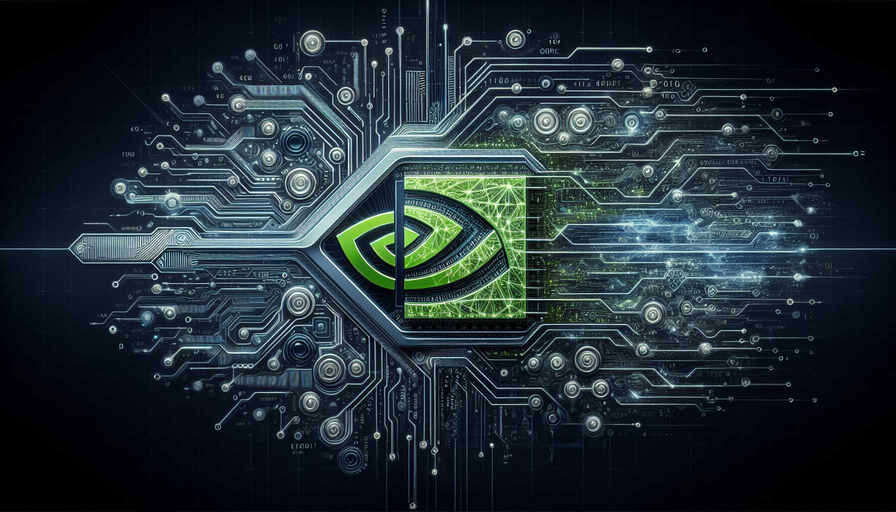 Nvidia logo with futuristic GPU designs and AI elements