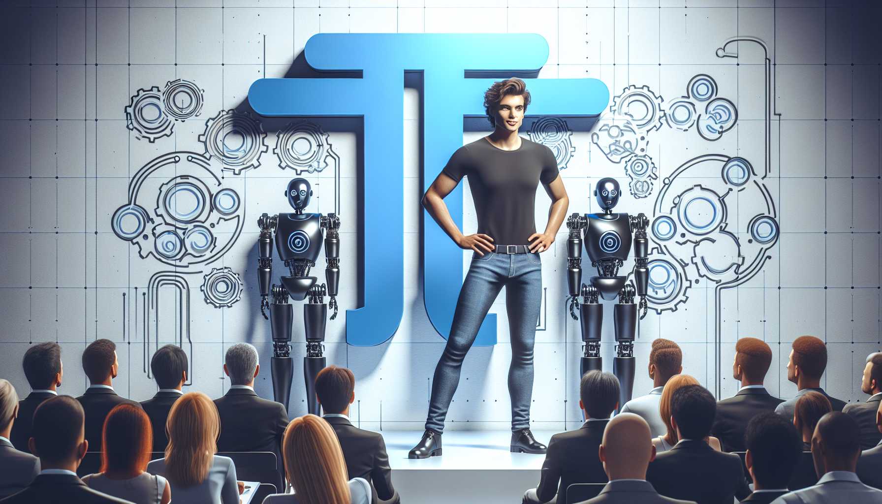 Elon Musk presenting new AI and robotics plans with Tesla logo