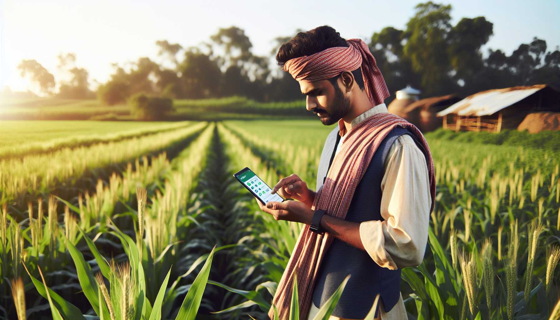 A farmer in rural India using a smartphone app to monitor crop health.