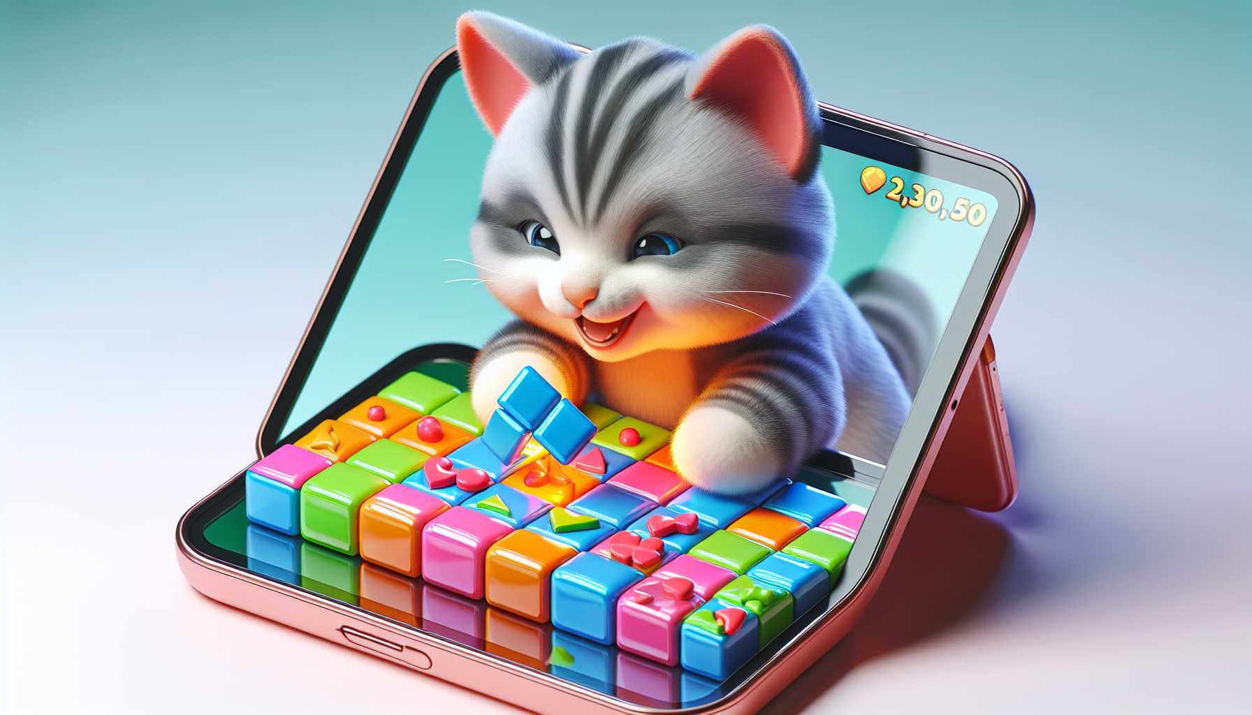 A happy cat playing Candy Crush Saga on a smartphone