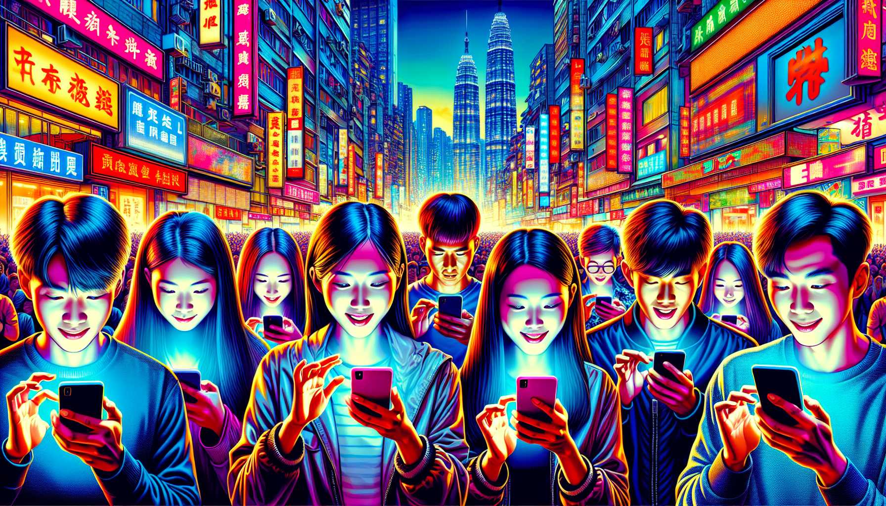 A group of teenagers in China using smartphones