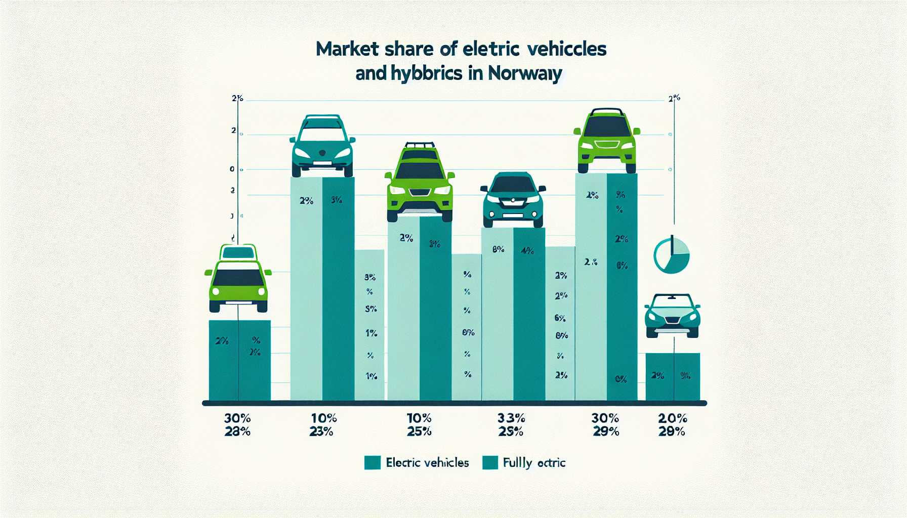 A graph showing the market share of electric vehicles and hybrid vehicles in Norway, with electric vehicles having a significantly larger share.