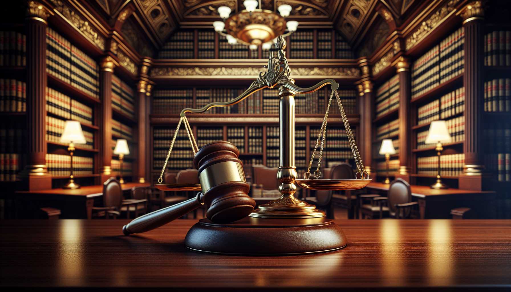 a gavel and scales of justice in a courtroom, symbolizing legal decisions