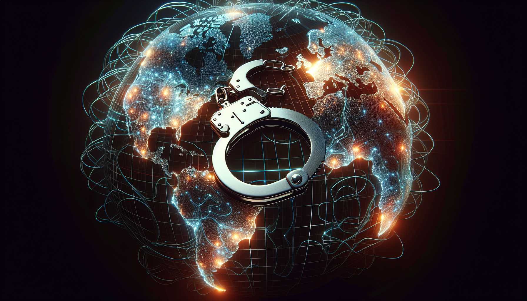 handcuffs over a digital world map, symbolizing international cyber operations crackdown