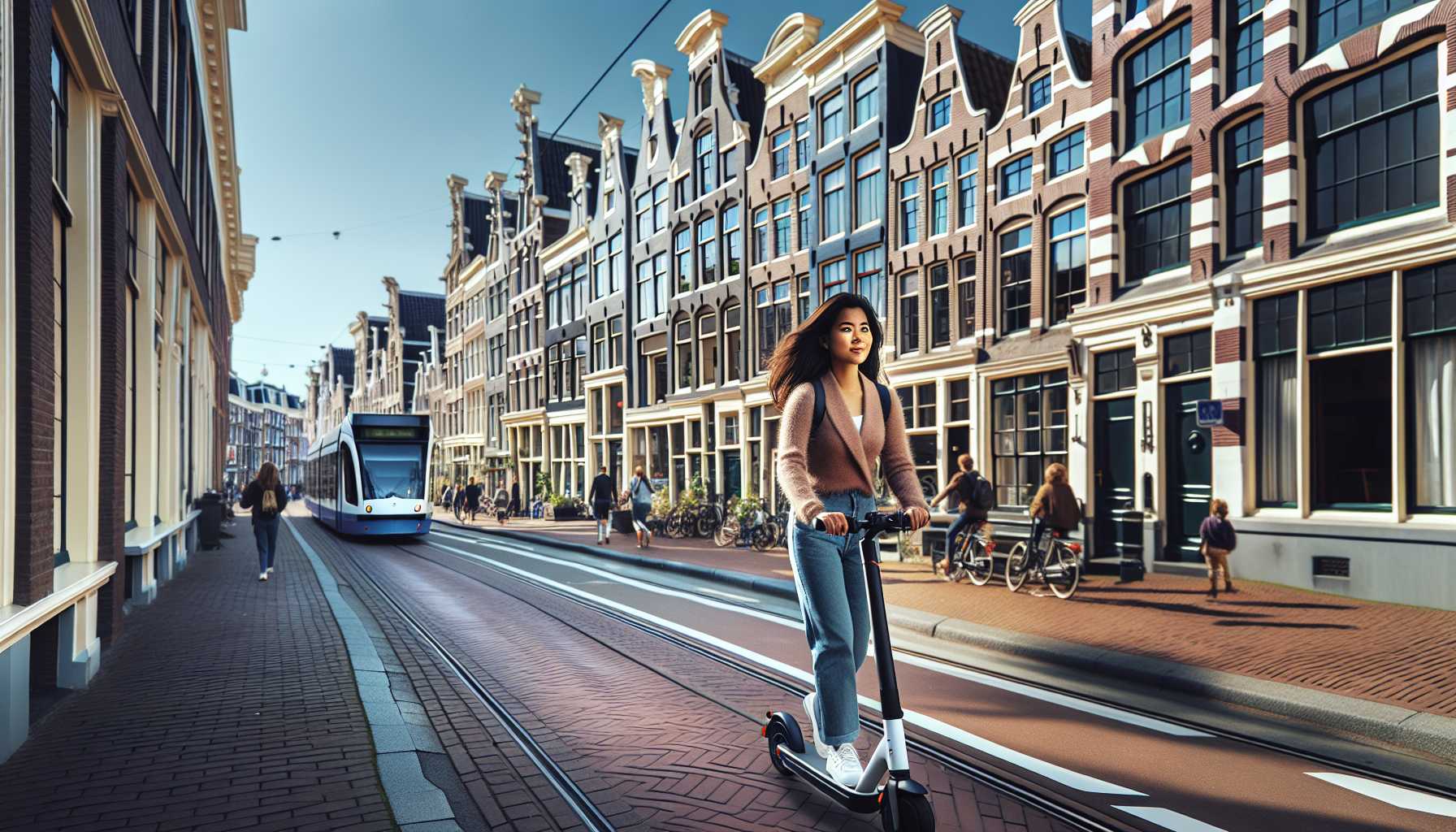 A person riding an e-scooter through a city street in the Netherlands.