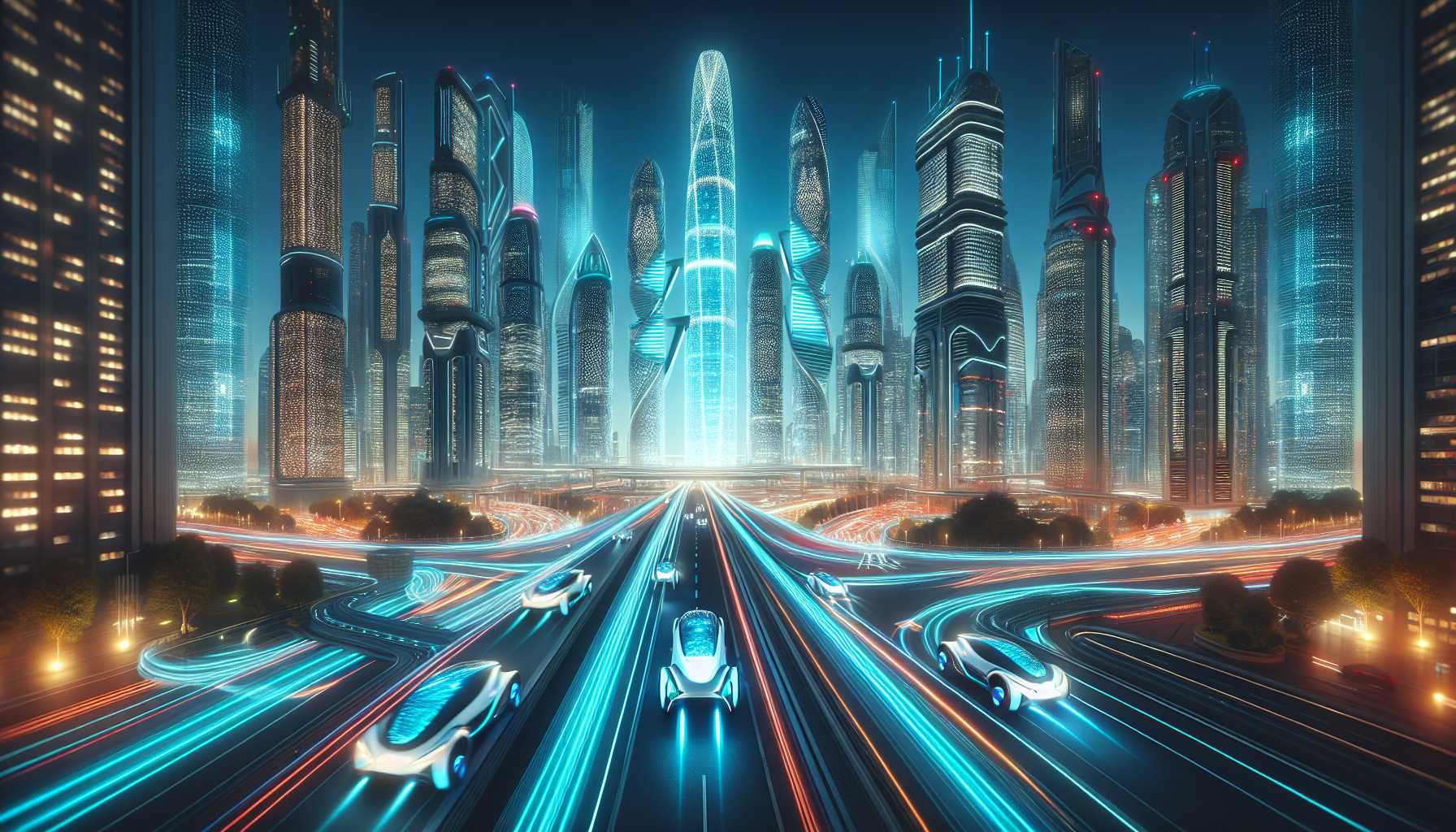 A futuristic cityscape with many electric cars driving on the streets.