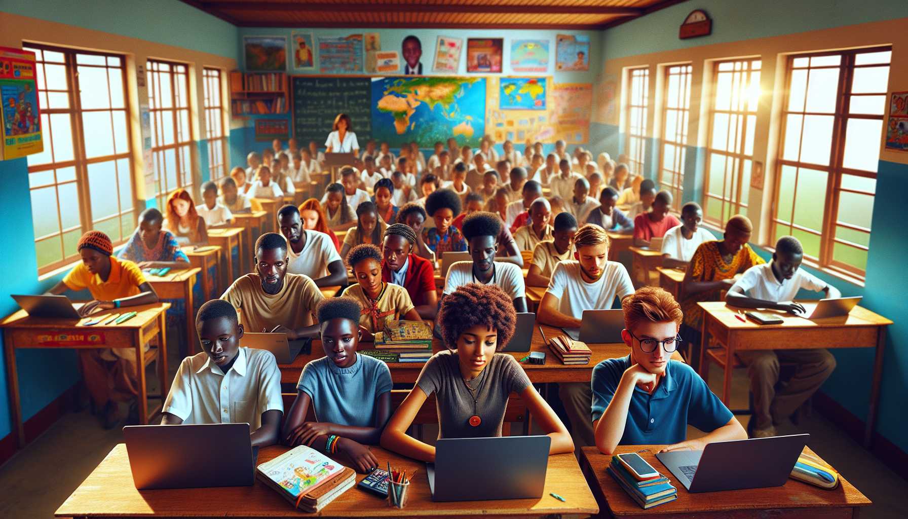 A classroom in Uganda with students using laptops