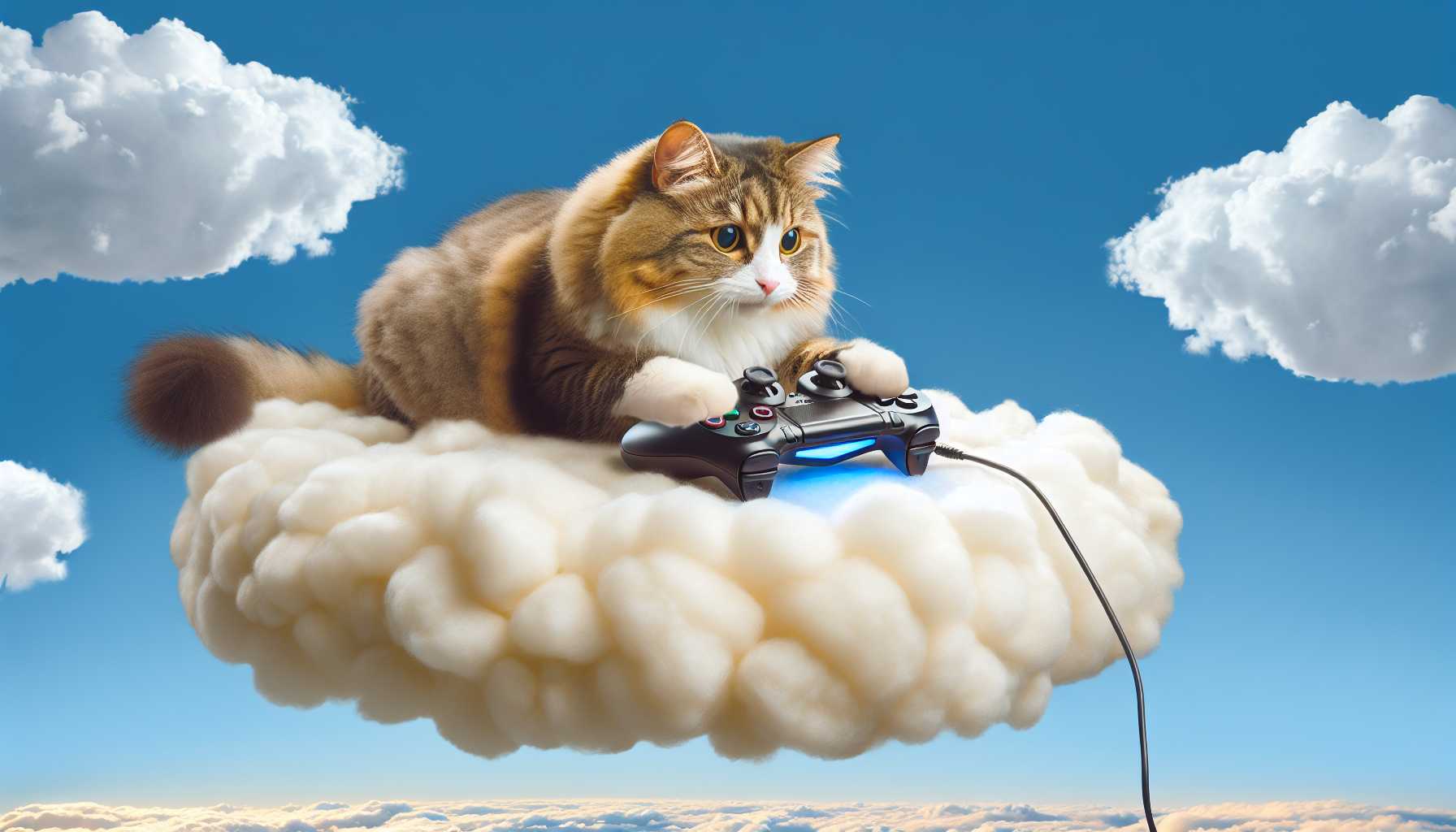 A happy cat playing a video game on a cloud