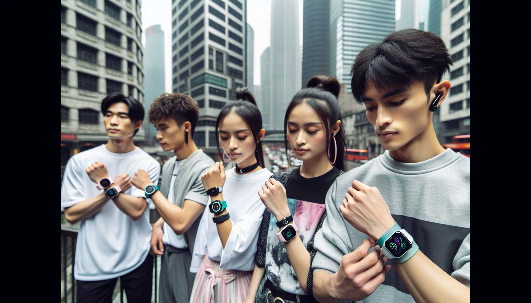 A group of young people in China wearing smartwatches and fitness trackers as fashion accessories.