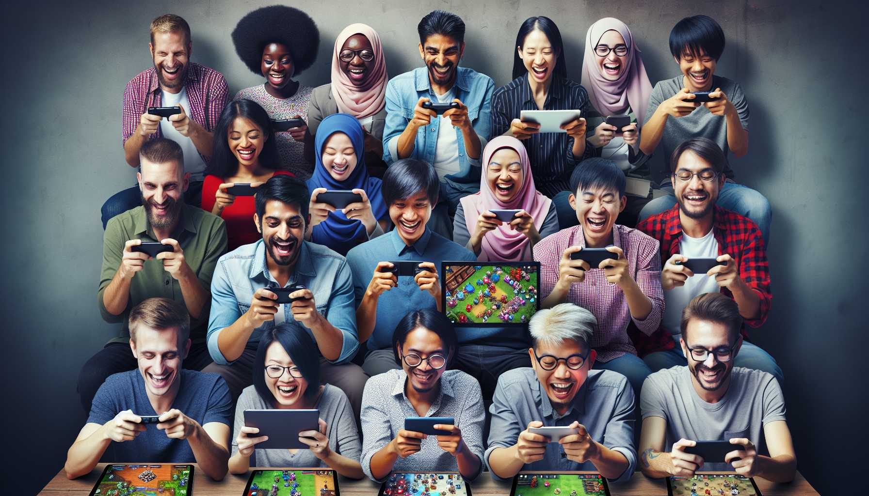 Indonesians playing video games on smartphones and laptops with smiles on their faces.