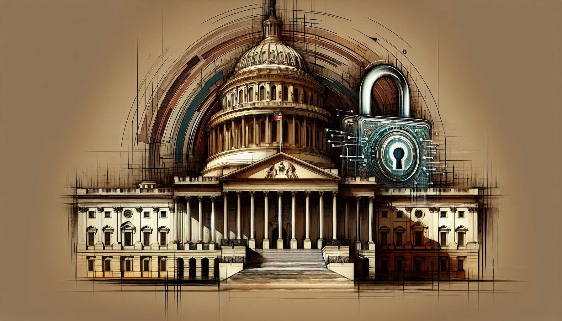 stylized image of a US Capitol building with a digital lock symbolizing legal protection and AI