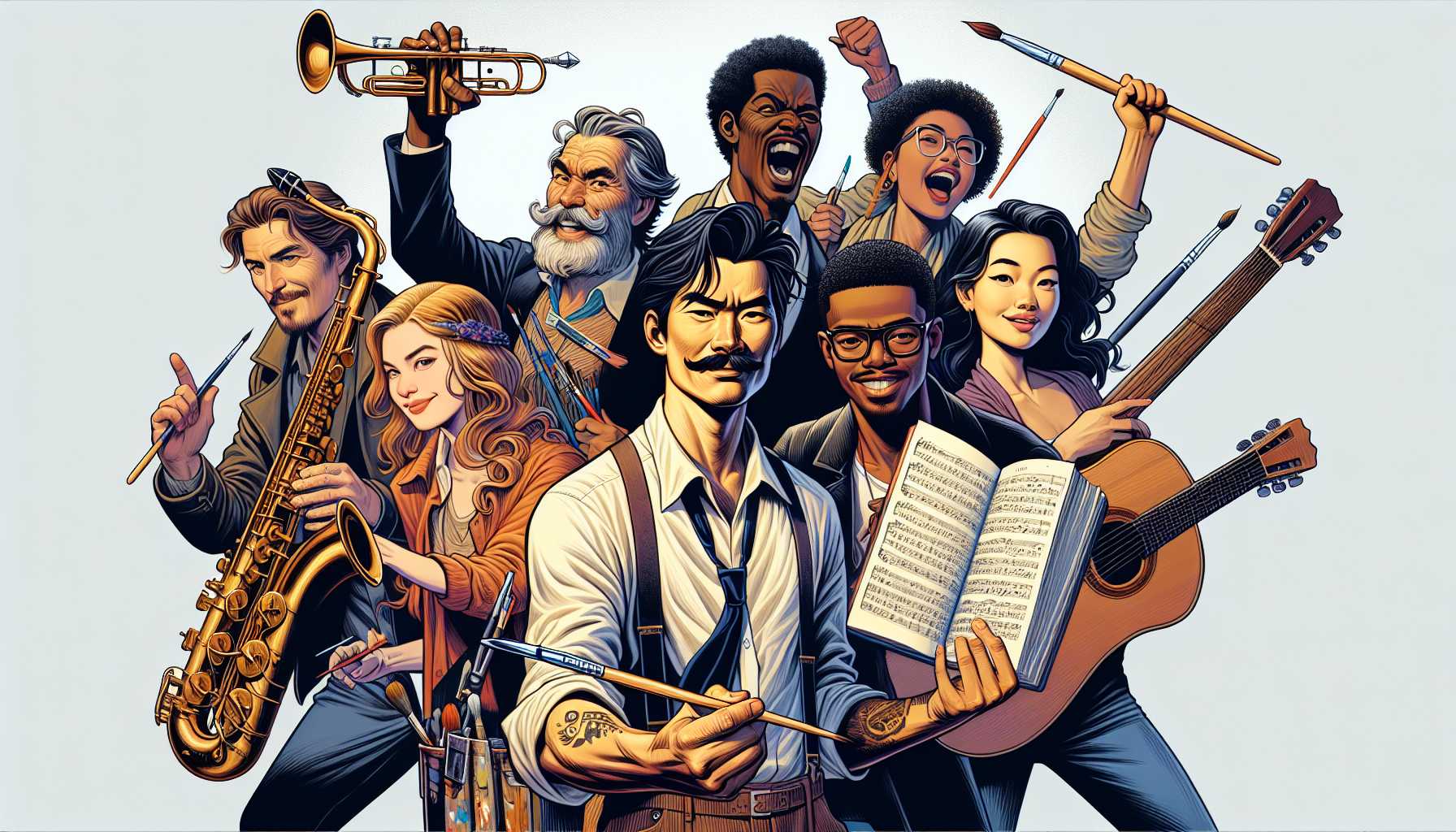 group of diverse artists in a triumphant pose, holding musical instruments, paintbrushes, and notebooks