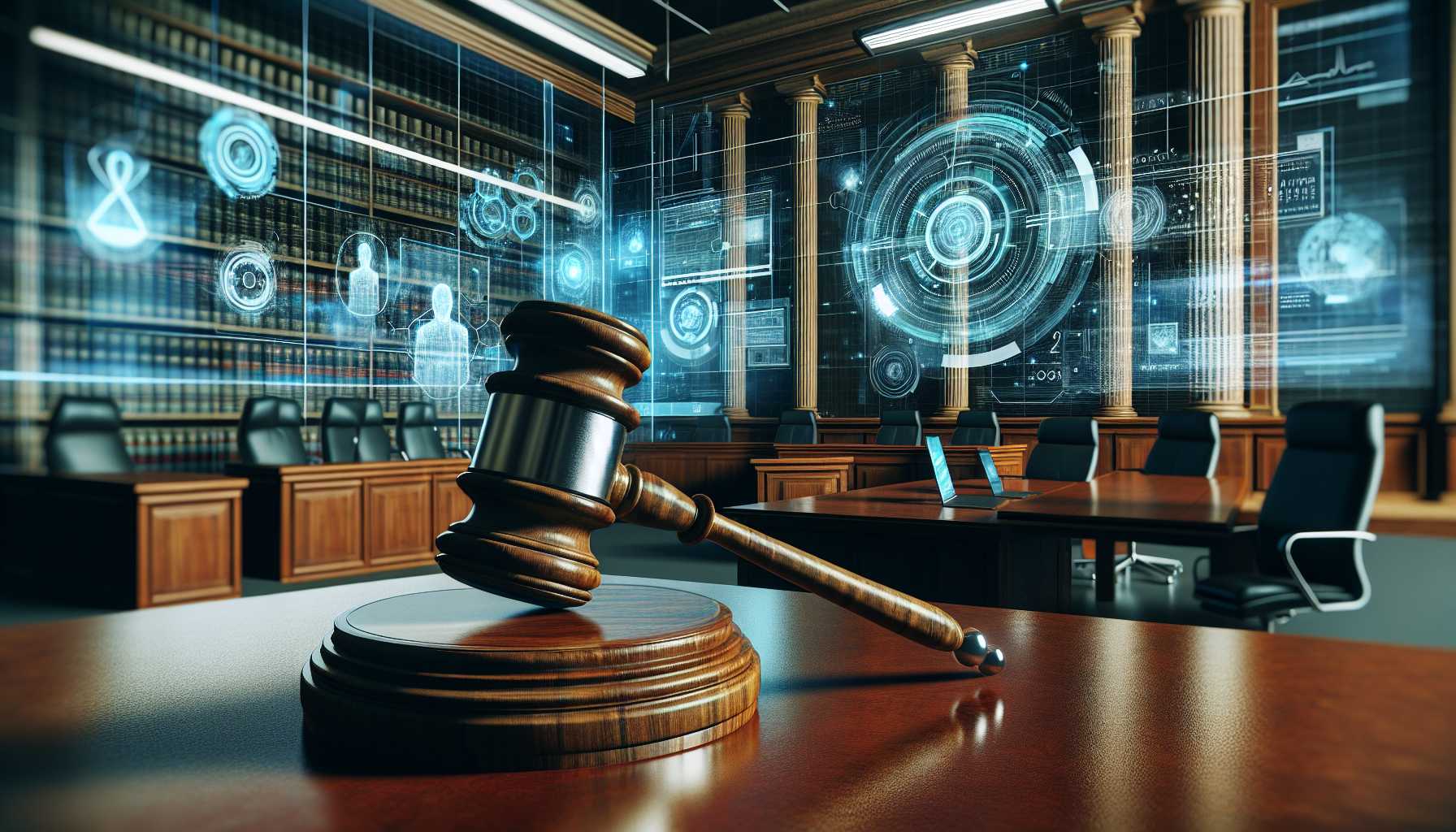 a courtroom with digital elements and a gavel highlighting legal proceedings over AI misuse