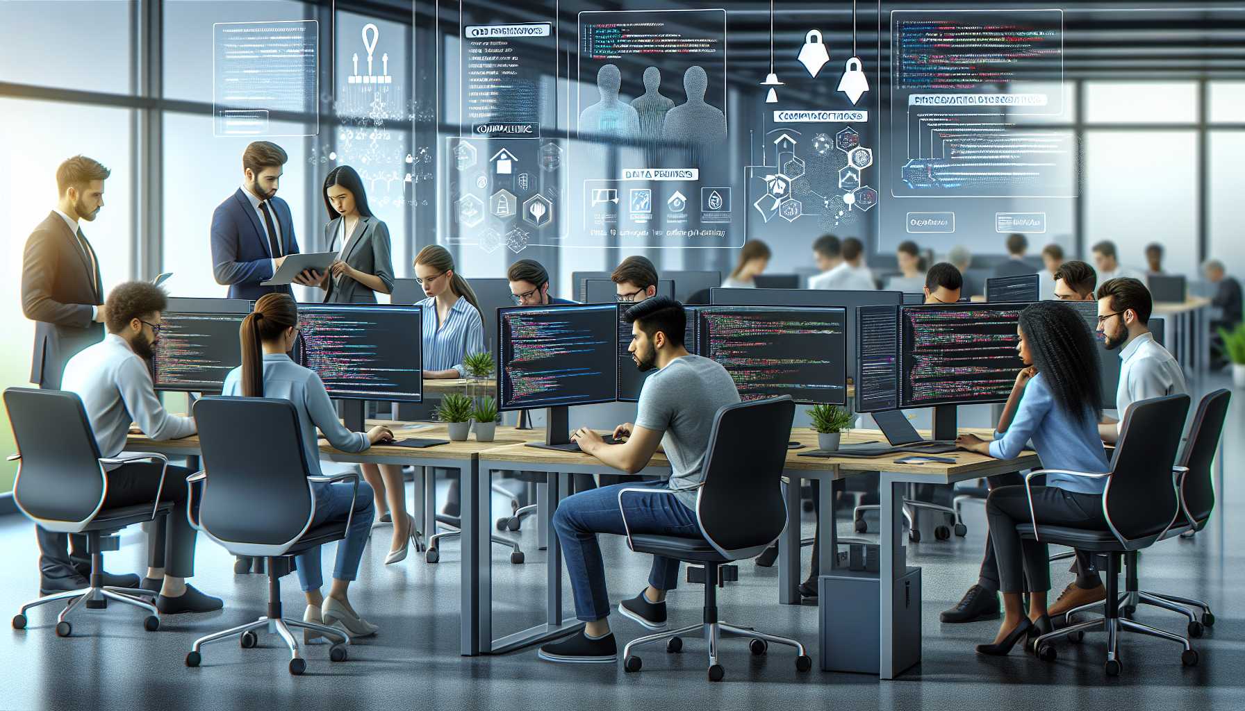 corporate office with tech developers working on AI algorithms, computers showing compliance checks