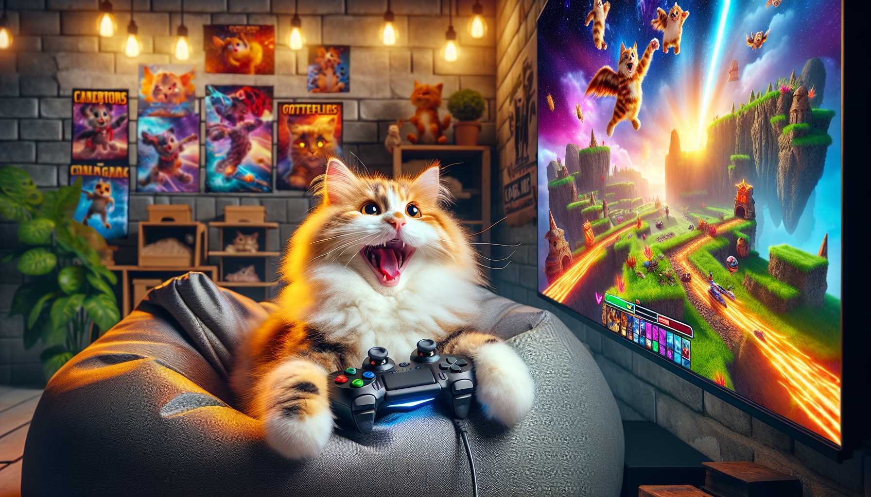 a happy cat playing video games