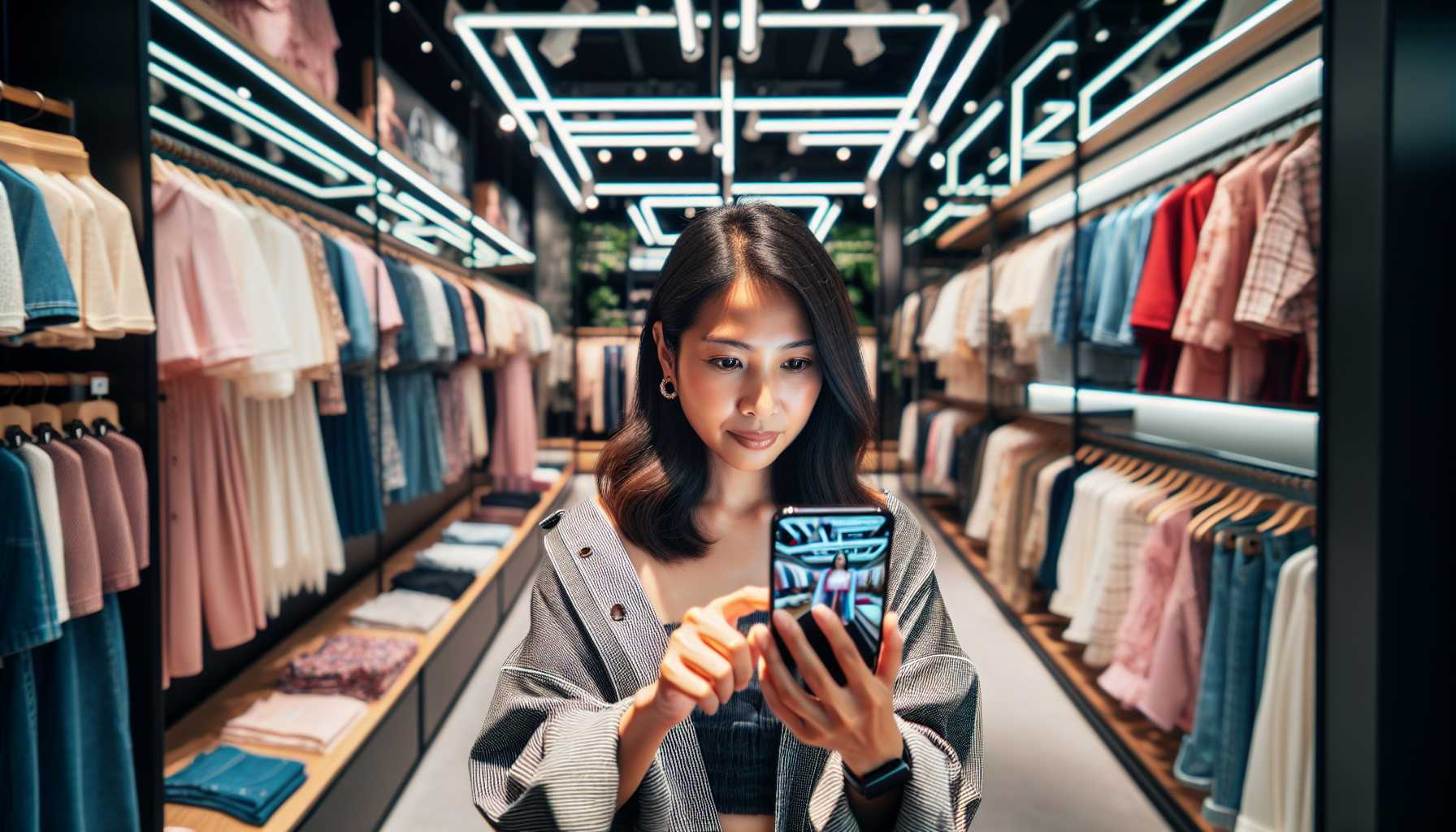 A woman using a smartphone to virtually try on clothes in a Japanese retail store.