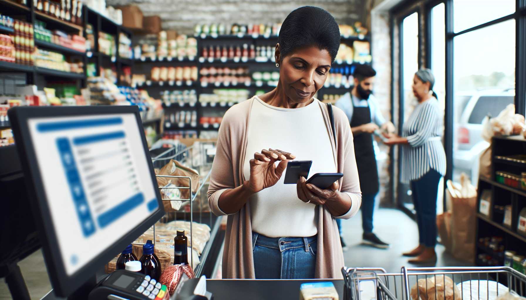 A person using a mobile phone to pay for something in a store in Italy