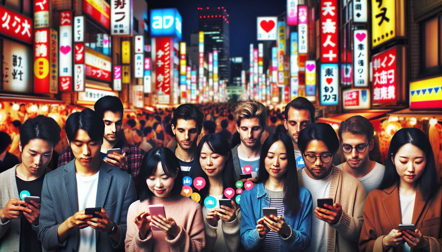 A group of young people in Japan using their smartphones to browse dating apps