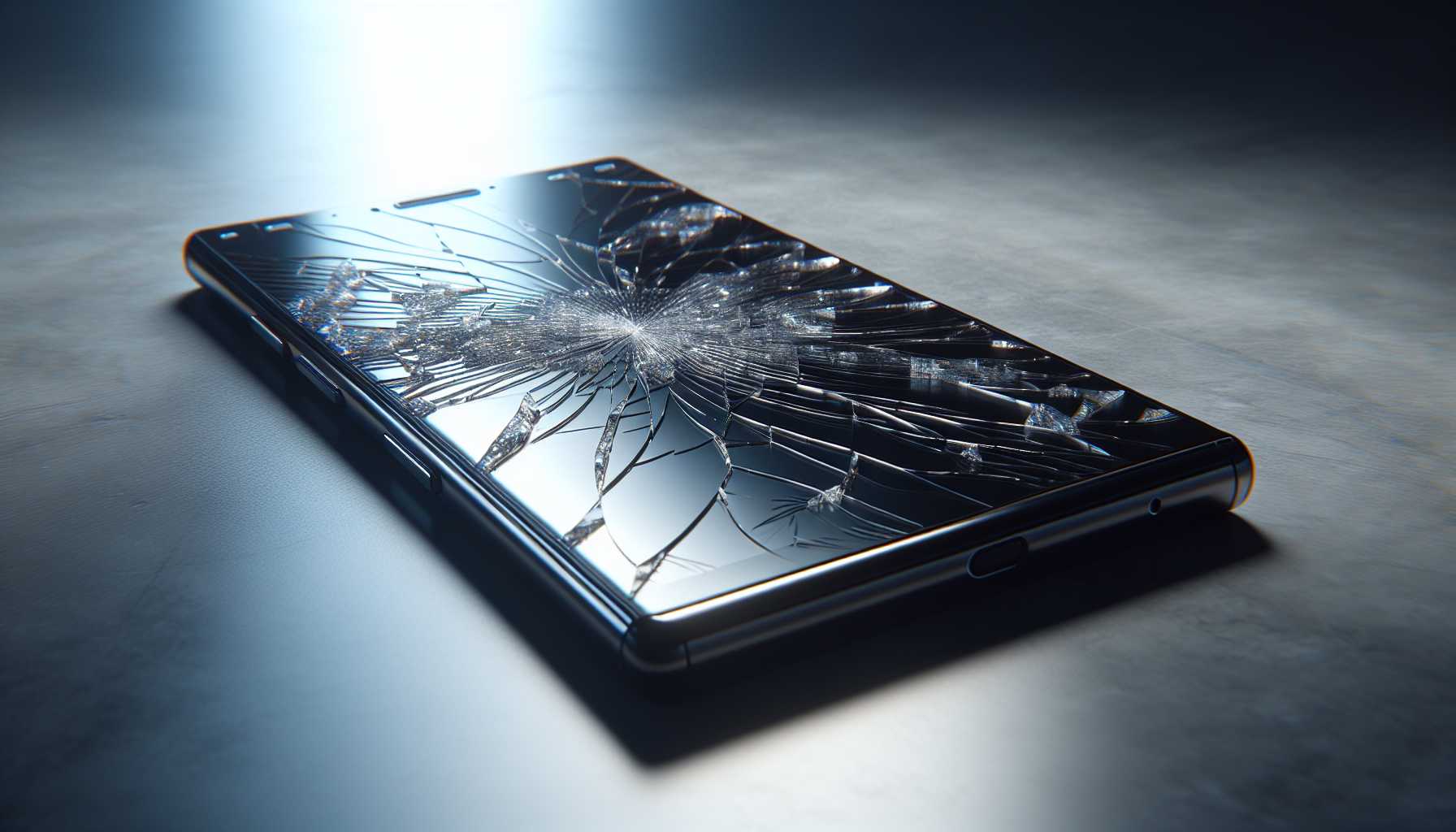 A smartphone with a cracked screen lying on the floor