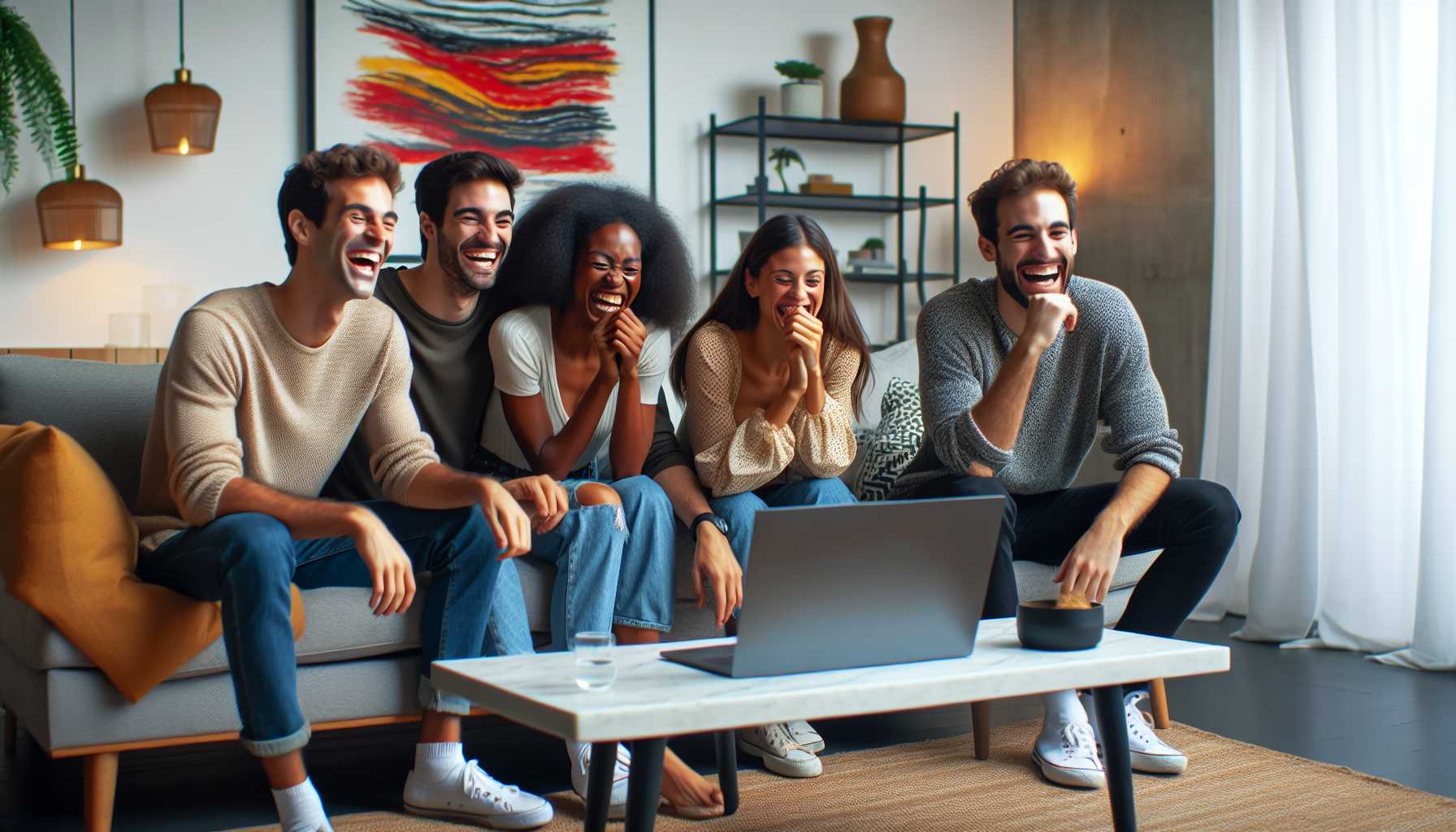 A group of young adults laughing and watching a movie on a laptop in a modern living room.