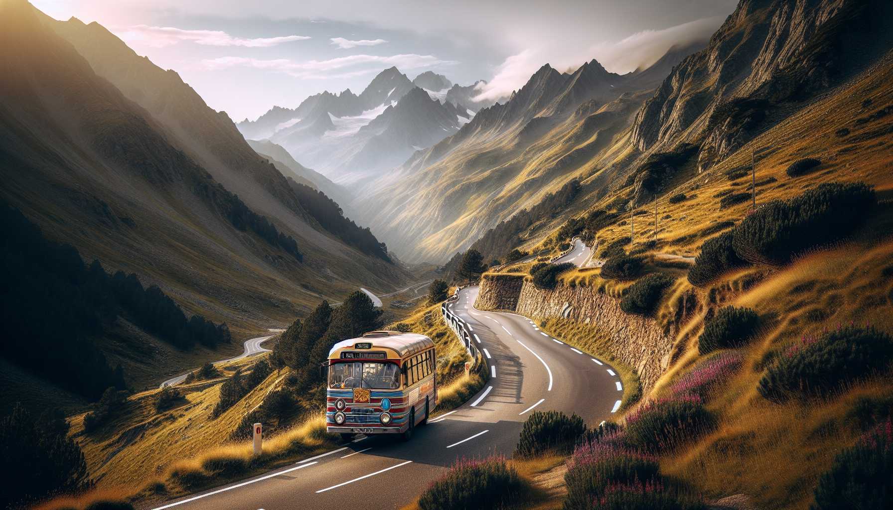 A bus driving through a mountain pass in Andorra