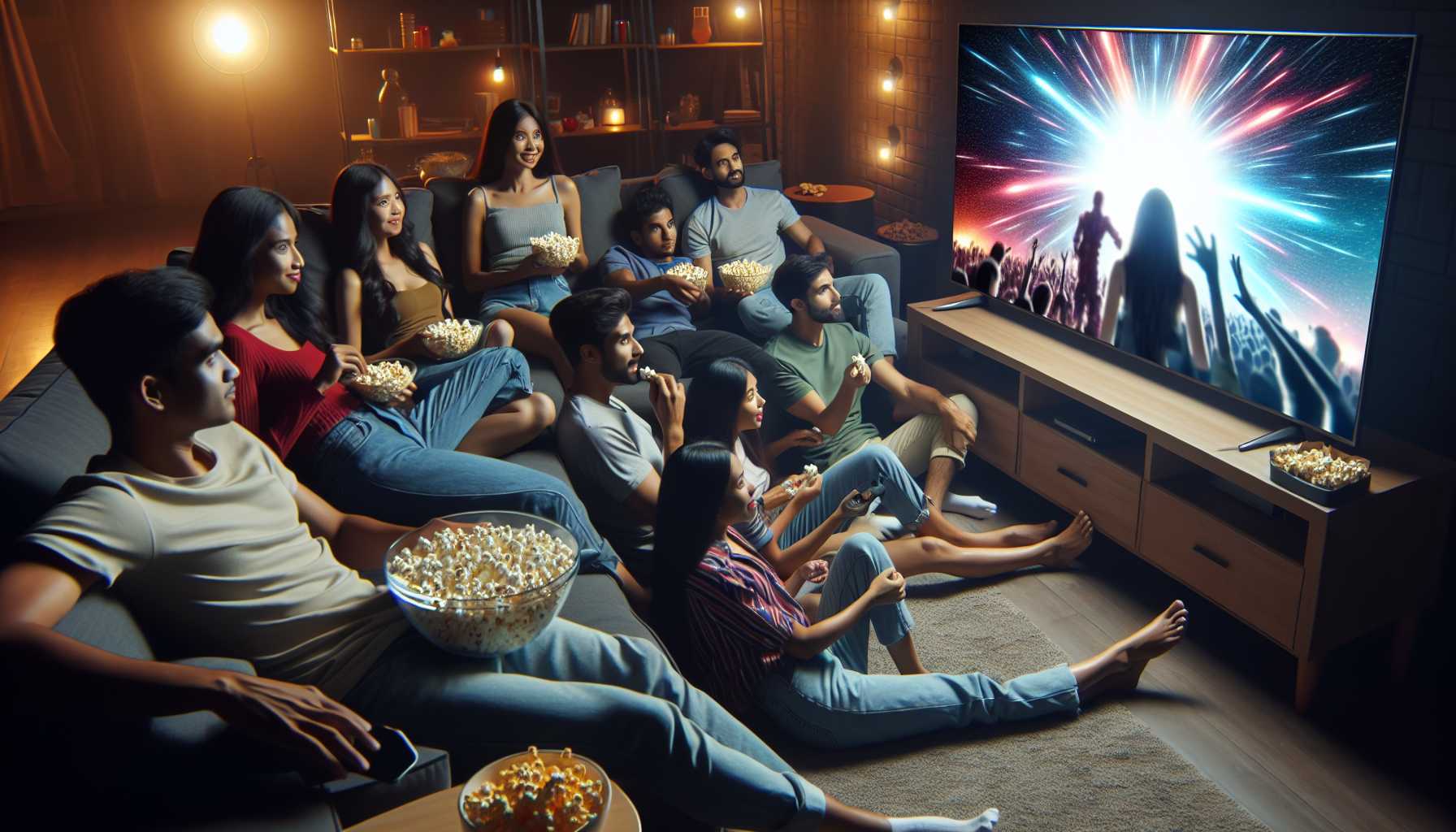 A group of young Italian millennials relaxing on a couch, watching Netflix on a large screen TV.