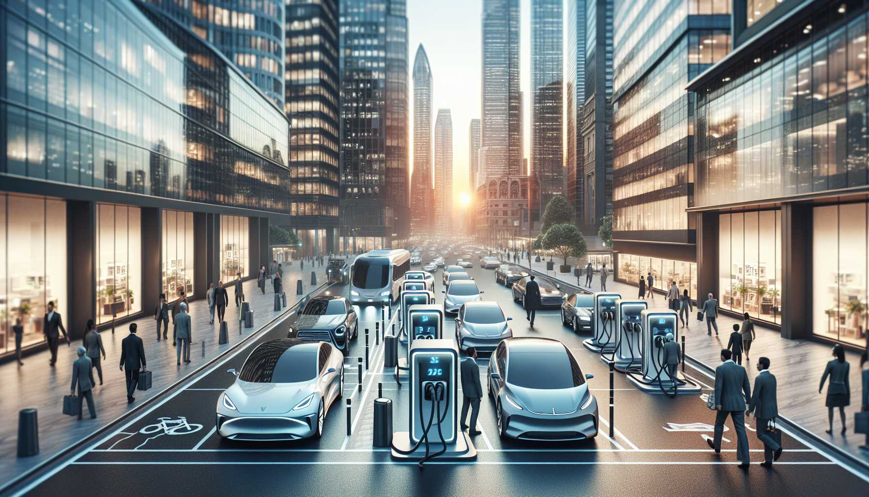 a cityscape with many electric cars charging at charging stations