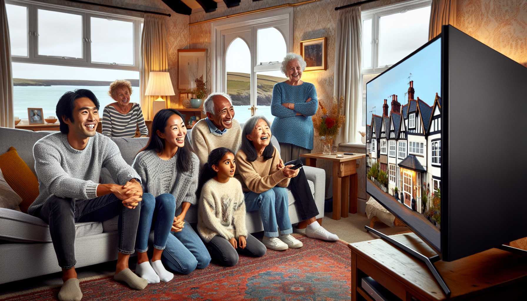 A living room in Guernsey with a family watching a high-resolution smart TV.