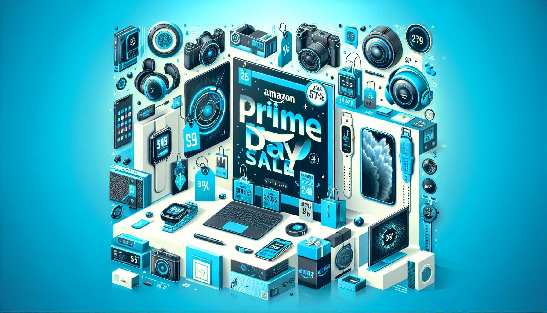 Amazon Prime Day graphics highlighting tech products on sale