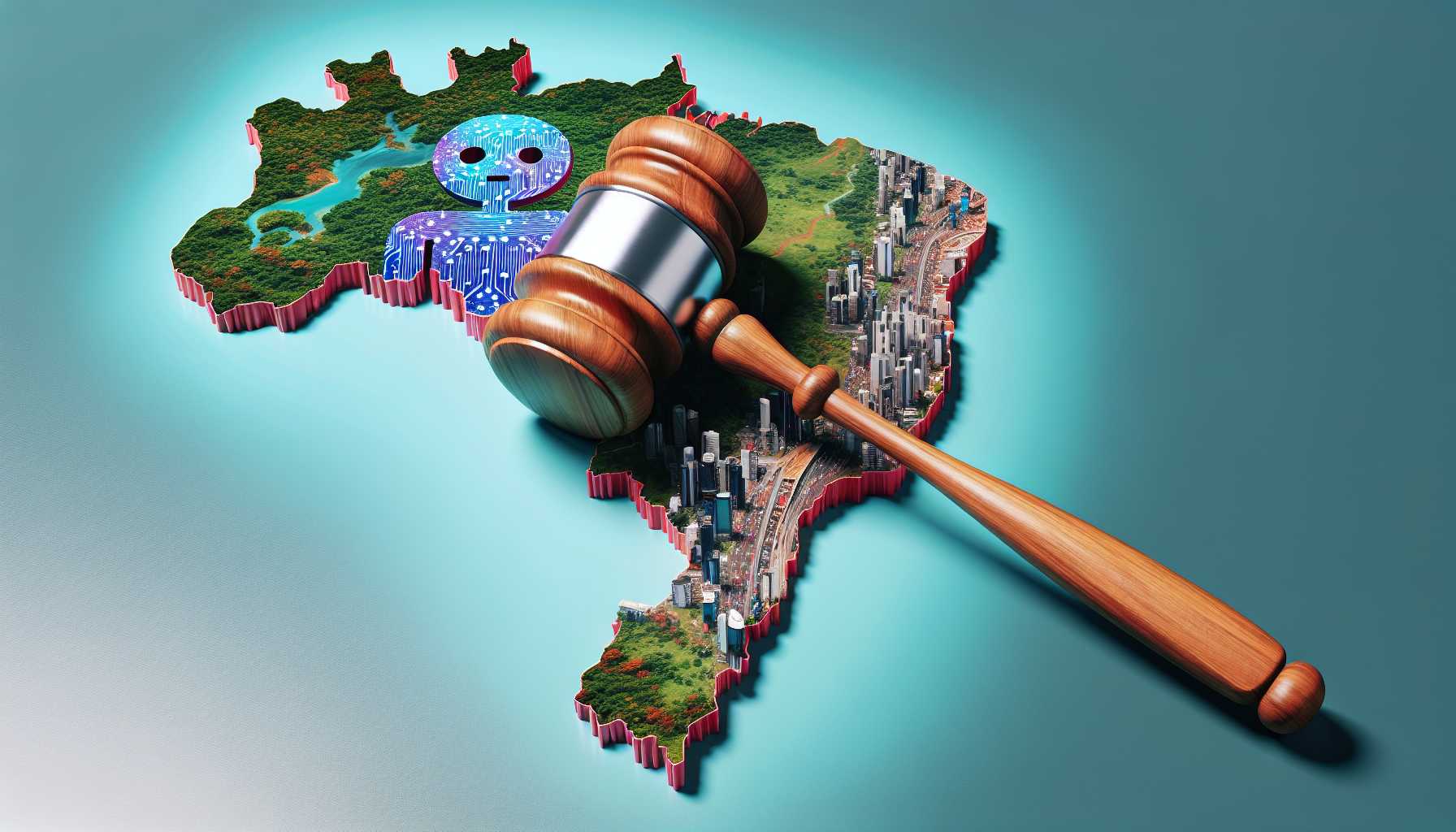 Illustration of a gavel striking on Brazil with the Meta logo symbolizing the AI ban