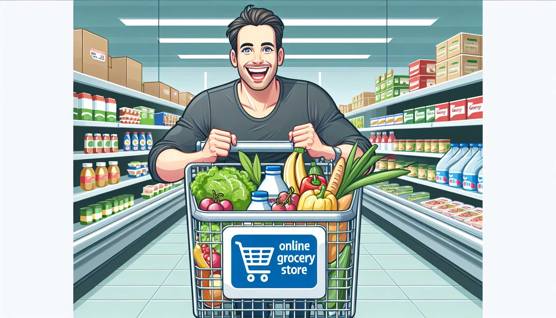 A person happily pushing a shopping cart full of groceries with the logo of the most popular online grocery store in the UK.