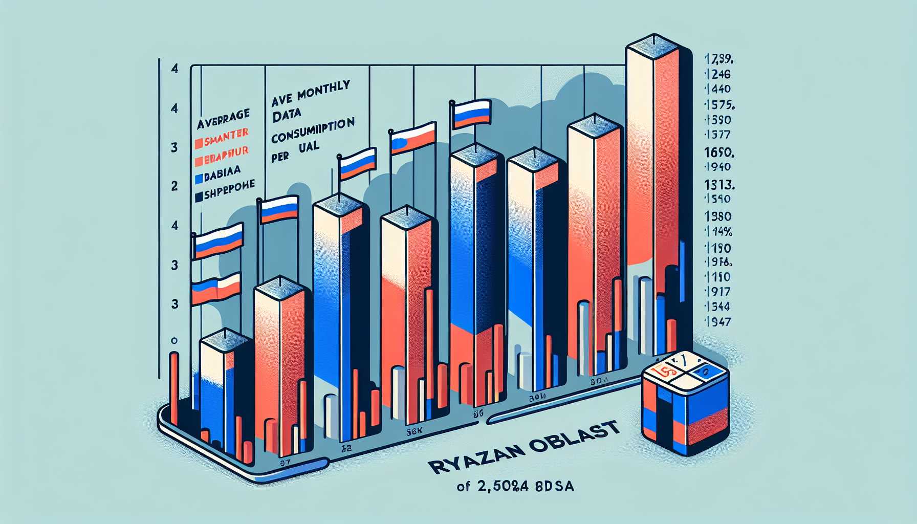 A bar graph showing average monthly data consumption per smartphone user in different regions of Russia, with Ryazan Oblast highlighted.