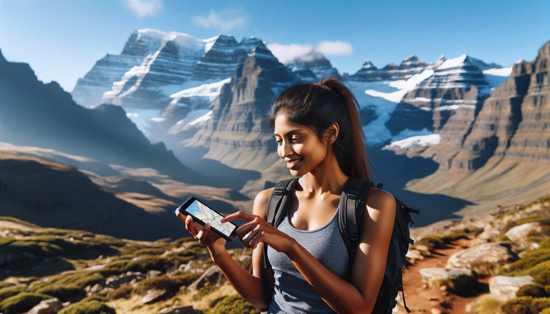 A person using a digital map on their phone while hiking in the Drakensberg mountains