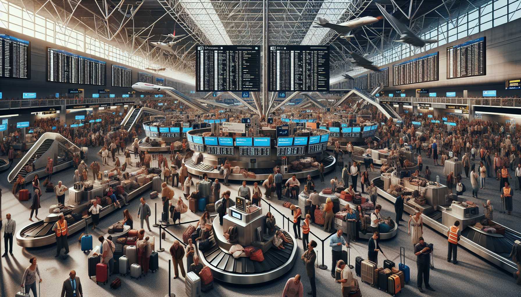 an image depicting chaos at an airport due to IT outage