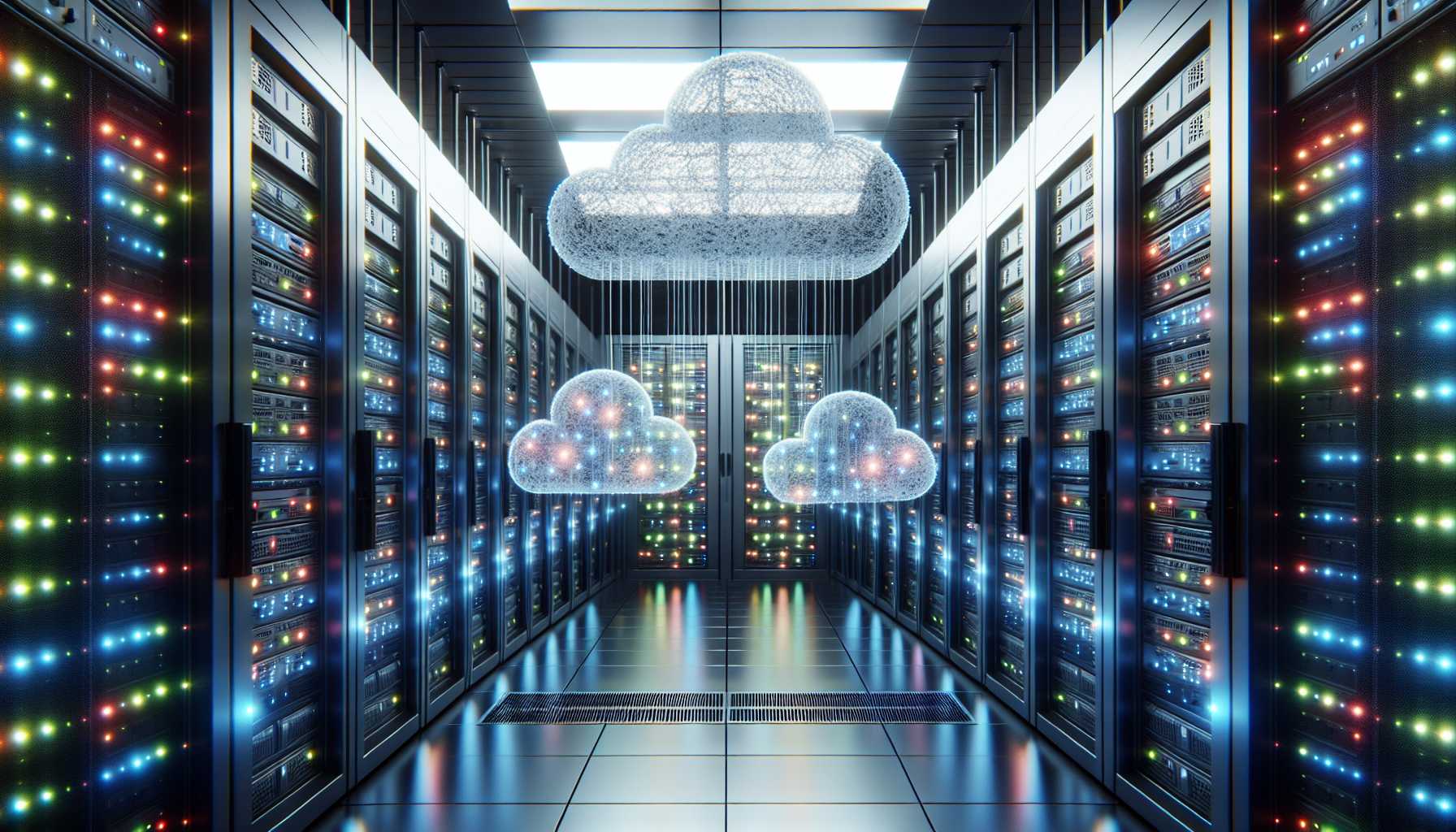 A server room with a cloud symbol above it