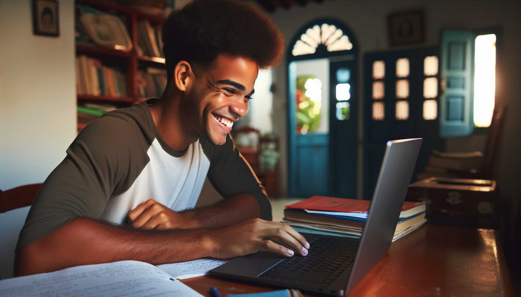 A Dominican student learning online with a smile on their face.